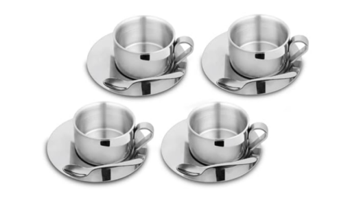 Shri & Sam Stainless Steel 4 Pieces First Impression Double Wall Cup and Saucer Set